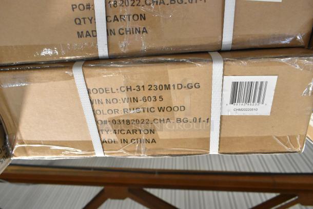 6 sealed boxes of 4 Lancaster Table & Seating CH-31 230M1D-GG seats, rustic wood finish, new condition, barcode visible.