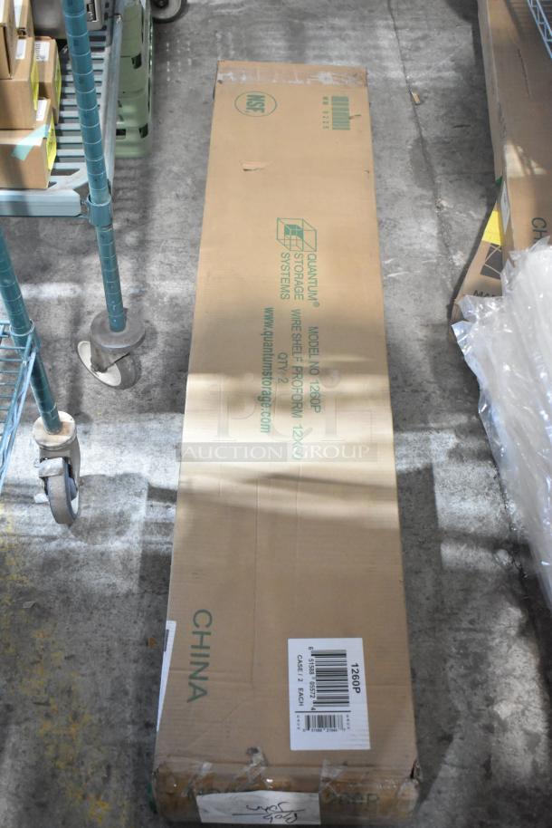Box of 2 brand new Quantum 1260P epoxy-coated wire shelves, 60"W x 12"D, in original packaging, NSF certified.
