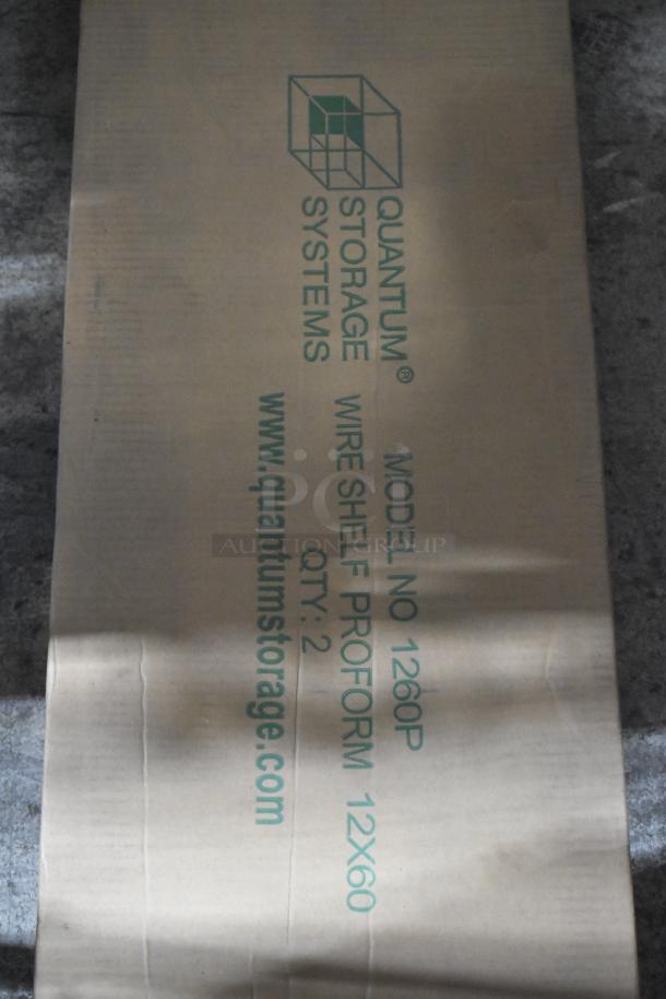 Box of 2 Quantum Food Service 1260P wire shelves, epoxy coated, 60"W x 12"D, brand new. Model info on box.
