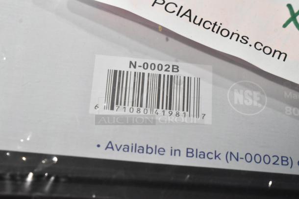 Barcode close-up labeled N-0002B, item available in Black, NSF certified, auction details visible.