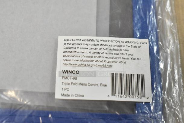Alt text: "New Winco PMCT-9B triple fold menu covers, blue, with Proposition 65 warning label, made in China."