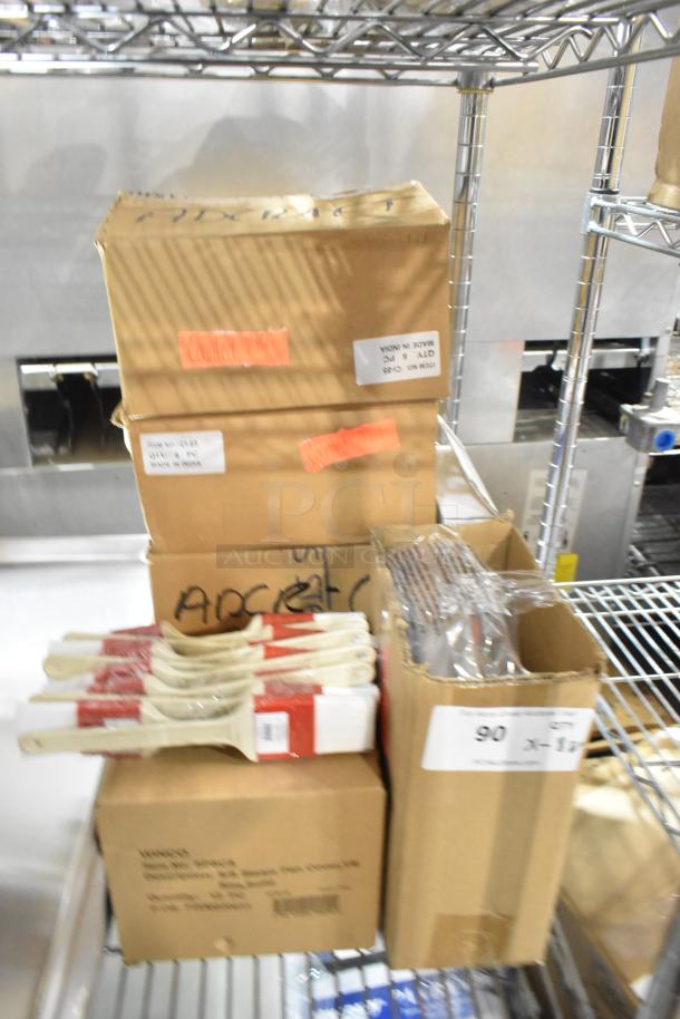 Boxes containing 8 new items including pastry brushes, steam table pan covers, and pan bands. Condition: New.