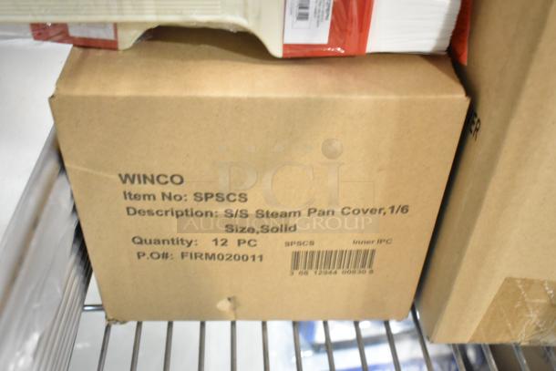 Box of Winco SPSCS 1/6 Size Stainless Steel Steam Pan Covers. Label shows item number, description, and quantity.