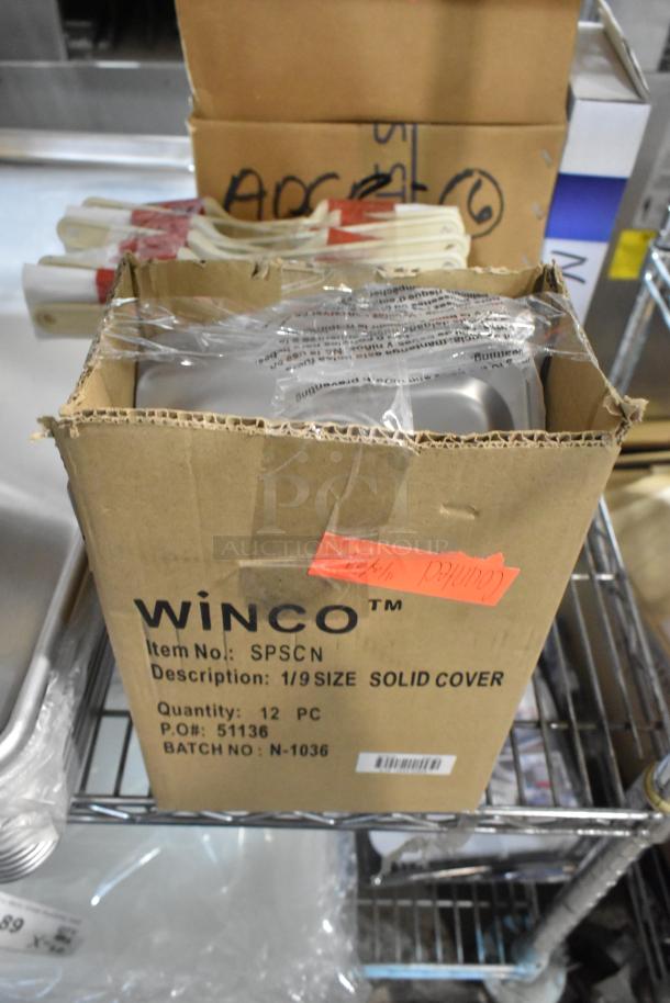 Box of Winco SPSCN 1/9 Size Solid Covers, 12 pieces, shown on metal shelf. Includes assorted pastry brushes. Brand new condition.