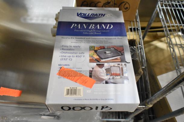 Vollrath Pan Band box with features listed; secures pan covers, reusable, dishwasher safe, heat resistant up to 450°F. Marked "Counted."