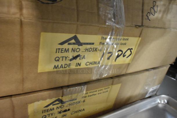 Three boxes of 10 new Admiral Craft HDSK-6 skimmers, 6-1/4", heavy-duty stainless steel, Made in China.