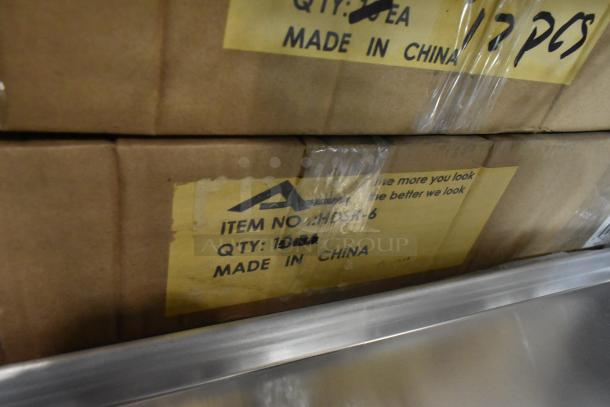 3 new boxes of 10 Admiral Craft HDSK-6, 6-1/4" heavy-duty stainless steel perforated skimmers. Made in China labels.