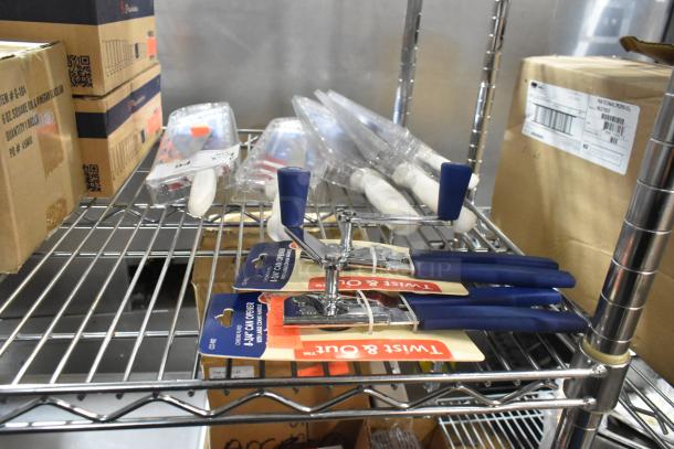 7 brand new items including can openers and Dexter knives on a metal shelf, unopened in original packaging.