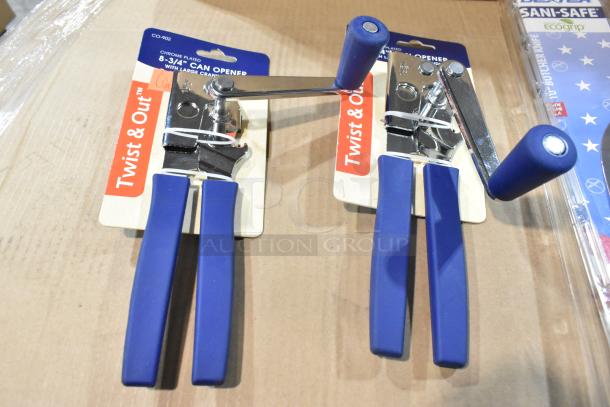 7 brand new Twist & Out can openers with blue handles, chrome-plated, retail packaging, and a Dexter knife visible.