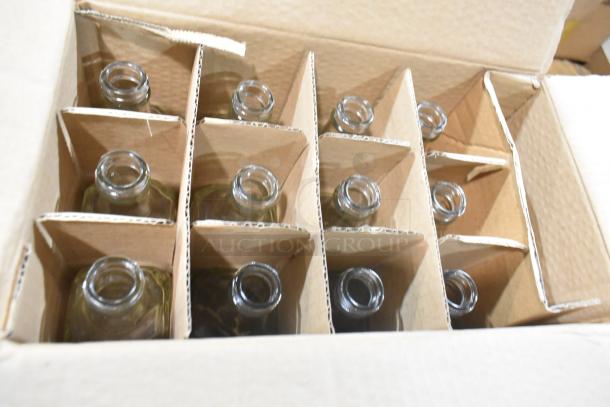Box of 12 brand new glass bottles with dividers, suitable for Winco G-104 Oil & Vinegar Cruet or similar items.