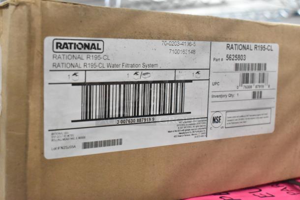 Box showing Rational R195-CL Water Filtration System label with barcode, brand details, and part number 5625803.