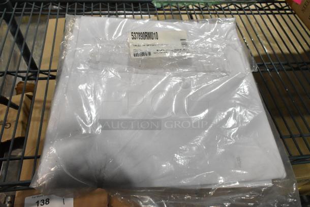 Brand new 537890RM010 tablecloths, 90", sealed in clear plastic packaging. Includes 11 items. Visible label with code.