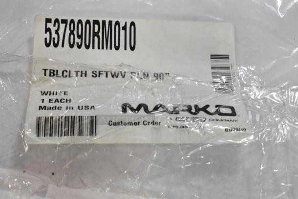 Brand new Marko tablecloth with label 537890RM010. Soft weave, 90" diameter, white, made in USA, pack of 11.