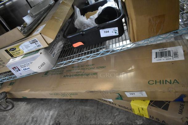 Box of 2 brand new Quantum Food 1260P epoxy-coated wire shelves, 60"W x 12"D, labeled "Made in China."
