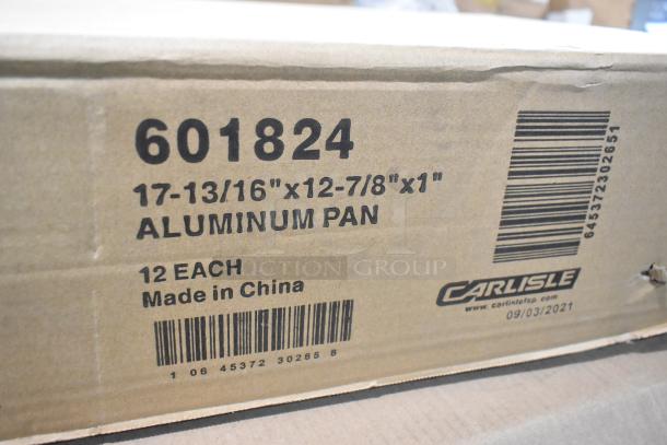 Box of 12 Carlisle 601824 aluminum half-size bun pans, 17-13/16"x12-7/8"x1", brand new, made in China.