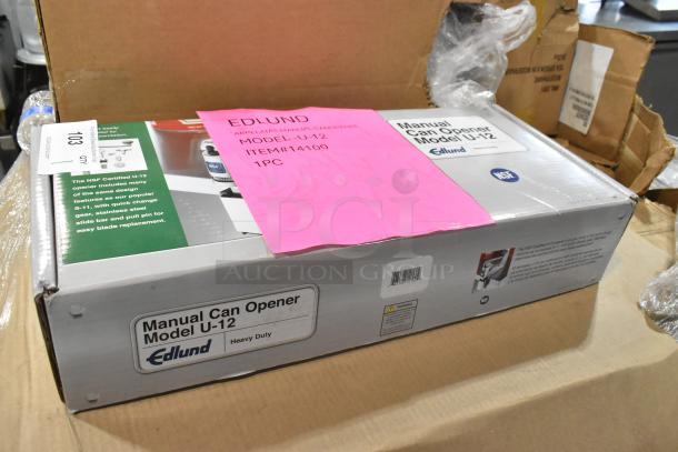 Brand new Edlund U-12 Manual Can Opener in original box, pink label with model U-12, NSF certified, heavy-duty construction.