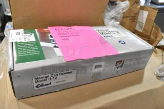 Brand new Edlund U-12 Manual Can Opener in original box, pink label with model U-12, NSF certified, heavy-duty construction.