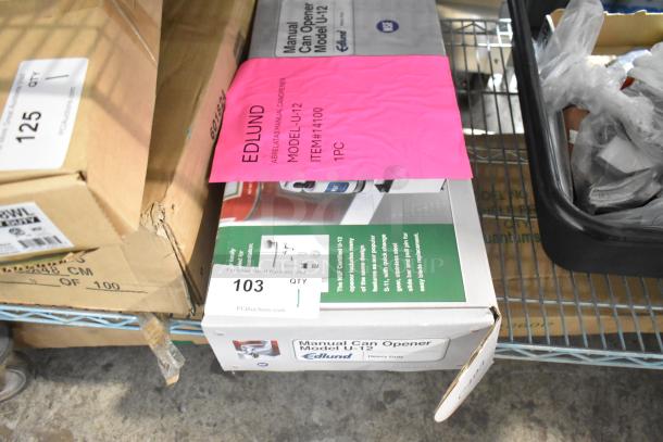 Brand New Edlund U-12 Manual Can Opener in original box, with model and item labels visible, in excellent condition.