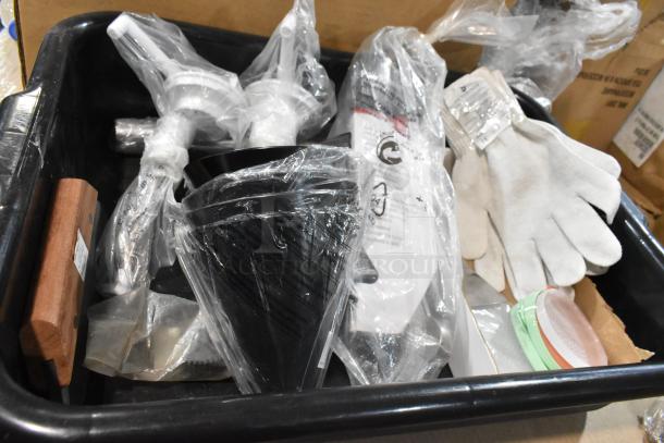 12 brand new items including funnels, gloves, pail opener in packaging. Bid multiplies by 12. Great value set.