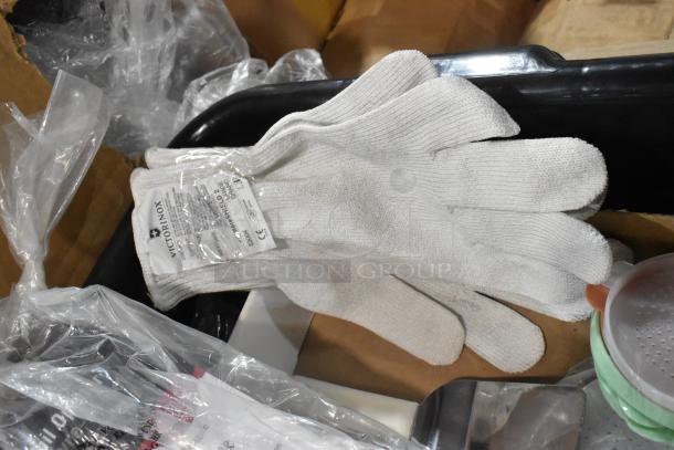 Box of 12 new items: white Victorinox gloves, funnels, and pail opener. Gloves labeled for cut protection.