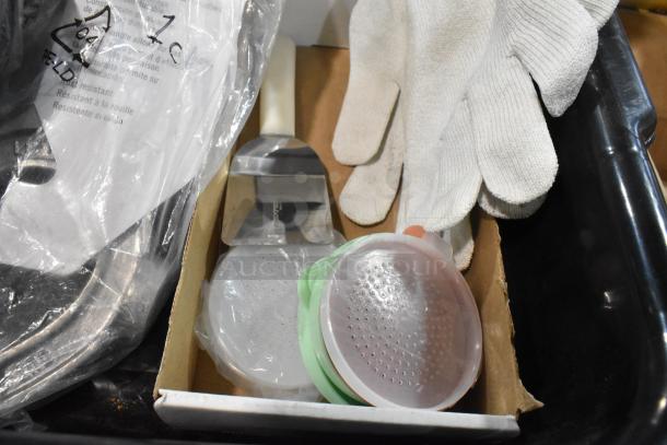 Box with 12 new items: gloves, funnels, and pail opener. Includes rust-resistant markings and packaging.