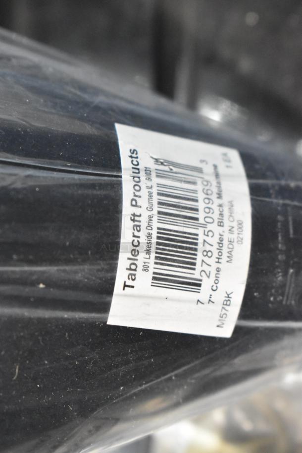 Tablecraft Products 7" Cone Holder, black melamine, with label showing barcode and product details, new condition.
