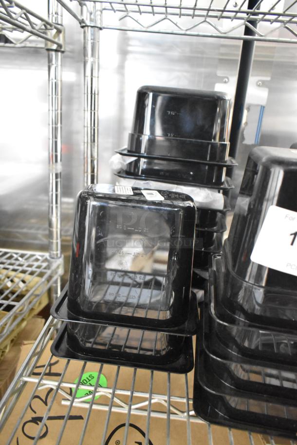 Brand new clear and black poly drop-in bins stacked on metal shelves. Labels indicate 20 items included.