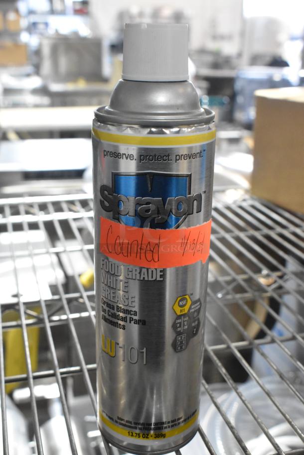Sprayon Food Grade White Grease can, 13.75 oz, labeled "Counted 11/13/24," on a metal shelf. Dust-free, new condition.