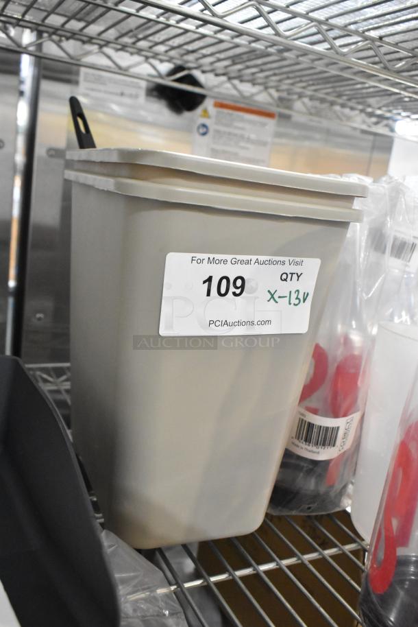 13 brand new items including a poly pitcher, salt shakers, and an espresso machine hopper on a metal shelf, labeled "109."