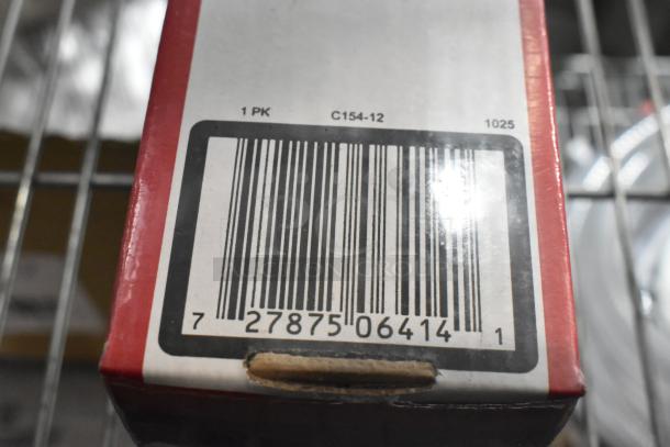 Close-up of barcode and product code "C154-12" on a package, part of a lot of 13 brand new items, including a poly pitcher and espresso machine hopper.