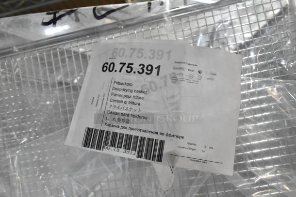 Set of 6 brand new deep frying baskets, model 60.75.391. Comes with multilingual labels and barcode, indicating high quality.