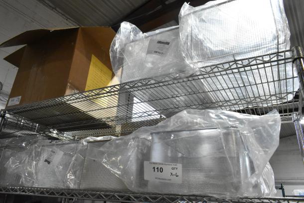 Six brand new deep frying baskets model 60.75.391, individually wrapped, on metal shelving. Tags indicate "Qty x-6".