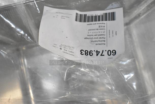 Alt text: Brand new deep frying basket with label "60.74.983." Clear packaging, showing barcode and product details.