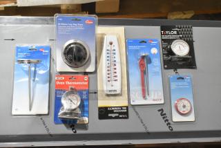 57 brand new items, including thermometers and timers, in original packaging. Brands include Cooper Atkins, Comark, and Taylor.
