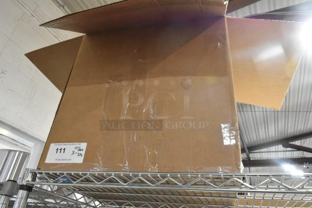 Cardboard box on metal shelf labeled "111", contains 57 brand new items including thermometers, indicating auction lot.