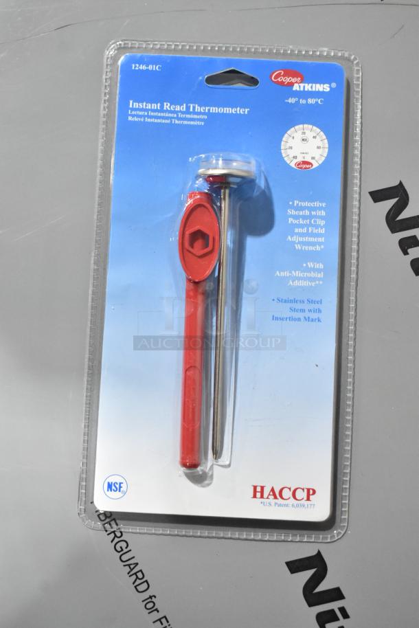 Packaged Cooper Atkins Instant Read Thermometer, model 1246-01C. Features stainless steel stem, protective sheath, antimicrobial additive.