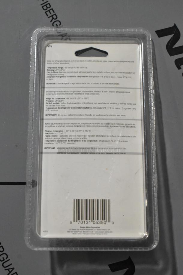 57 brand new thermometers in packaging, temperature range -20°F to 120°F, magnetic backing, Cooper-Atkins branding, barcode visible.