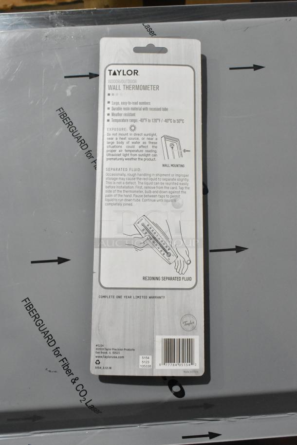 Taylor indoor/outdoor wall thermometer packaging. Features include large numbers, durable resin, weather resistance; temp range -40°F to 120°F. Includes mounting instructions and warranty details.