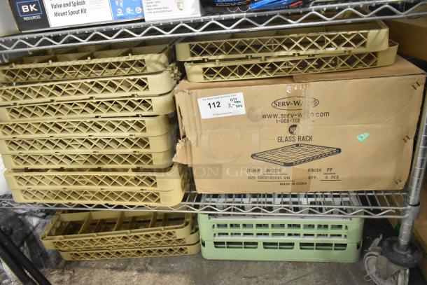 Brand new poly dish caddies and glass racks in packaging. Serv-Ware label visible. 23 items included.