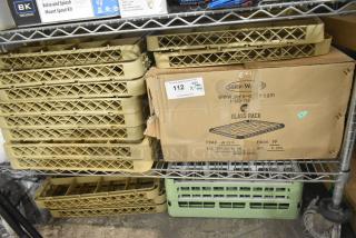 Brand new poly dish caddies and glass racks in packaging. Serv-Ware label visible. 23 items included.