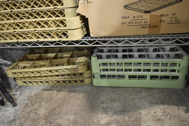 Brand new poly dish caddies on metal shelf, beige and green. Box label shows item JN-2216, size 500x500x45 mm, quantity 6.