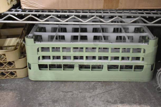 Brand new poly dish caddies, green and beige, stacked and ready for use. Part of 23-item auction lot.