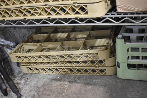 Brand new poly dish caddies stacked on metal shelf, featuring a beige lattice design.