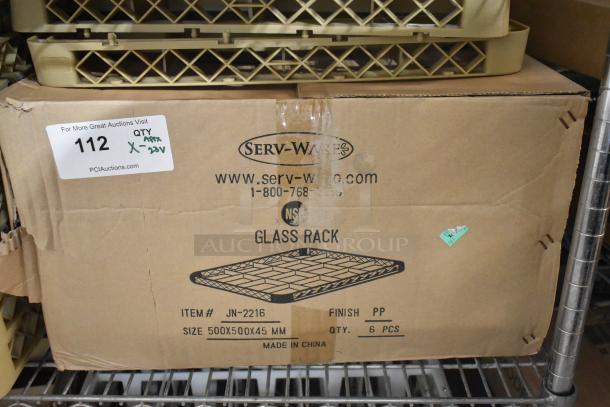 Cardboard box labeled "Serv-Ware Glass Rack," containing brand new poly dish caddies. Box details: size 500x500x45mm, 6 pcs.