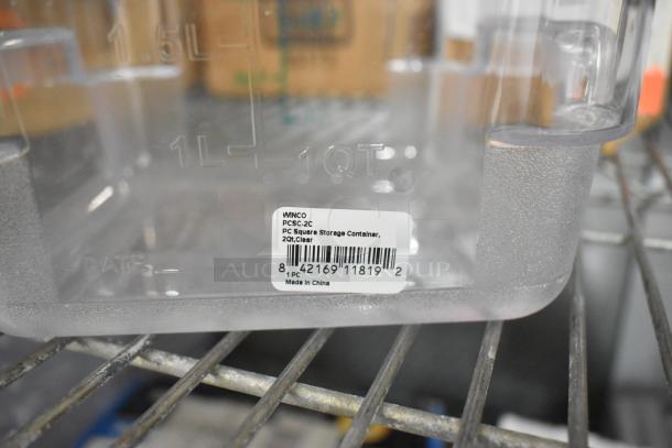 Clear 1.5L Winco PCSC-2C storage container, 2QT capacity. Label reads "Made in China." New condition, set of 18 items.