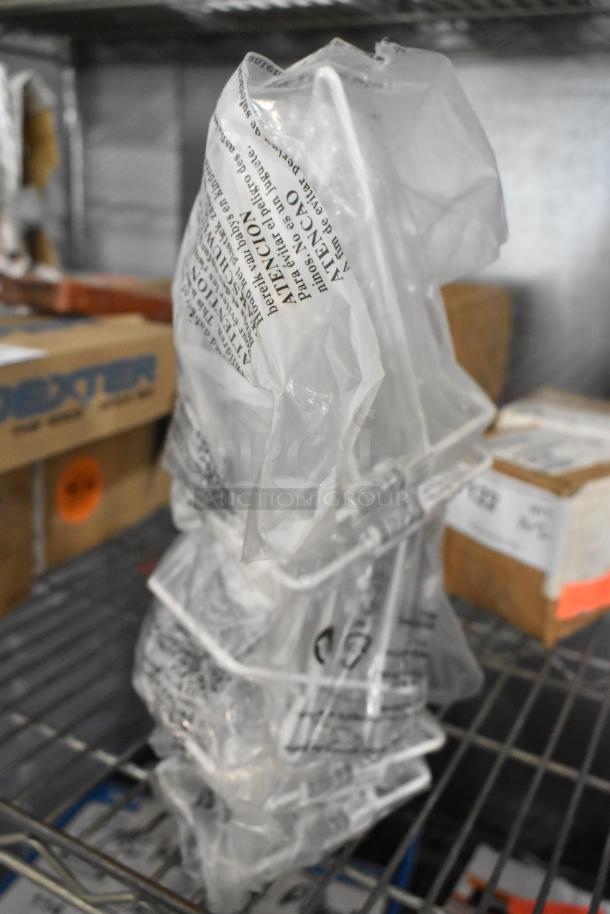 Brand new poly containers and Windo WHW-4 scoop holders. Items in original packaging, stored on metal shelving.