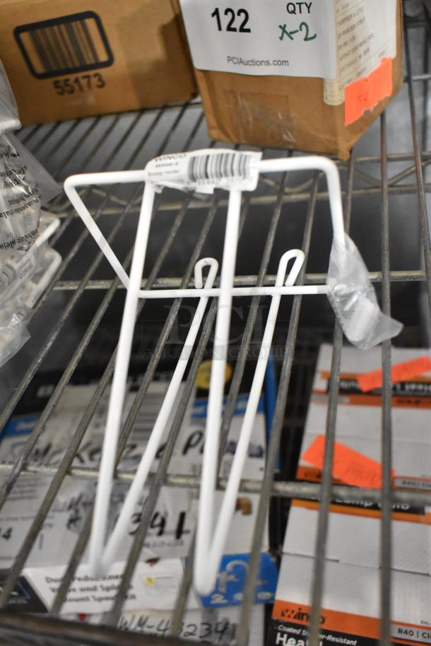 18 brand new poly containers and Windo WHW-4 scoop holders in original packaging on a metal shelf.