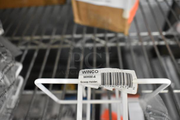 Winco WHW-4 scoop holder with barcode tag, part of 18 brand new items including poly containers.