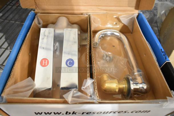 Brand new BK BKKVSGS-G OptiFlow Dual Pedal Knee Valve Kit with splash mount faucet and 3-1/2" gooseneck, in box.