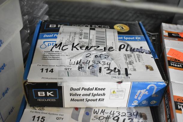 Brand new BK OptiFlow dual pedal knee valve kit with 3-1/2" gooseneck faucet in box. Includes splash mount, chrome finish.